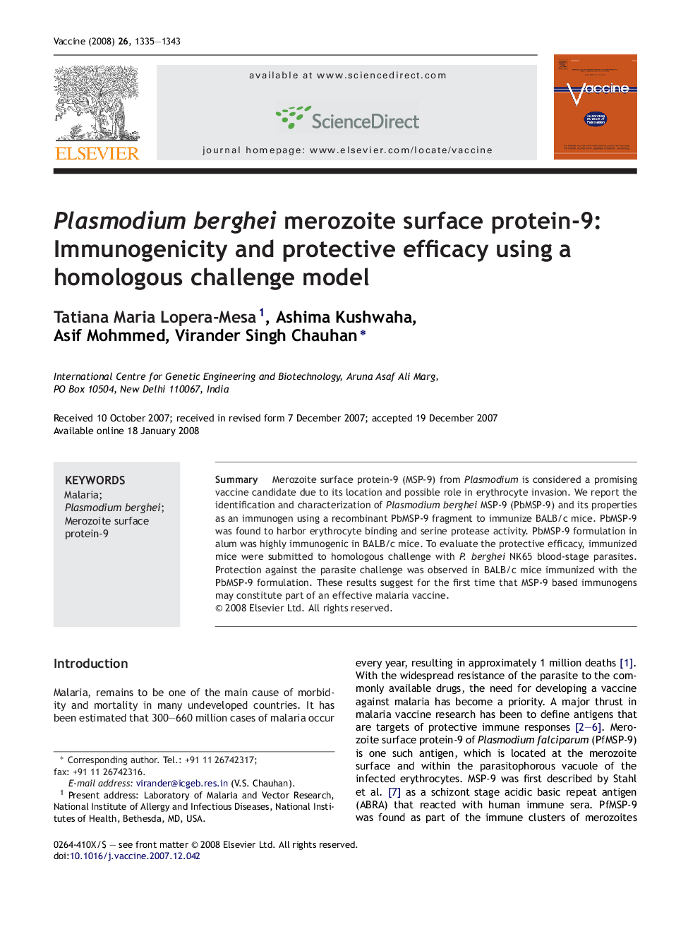 Plasmodium berghei merozoite surface protein-9: Immunogenicity and protective efficacy using a homologous challenge model