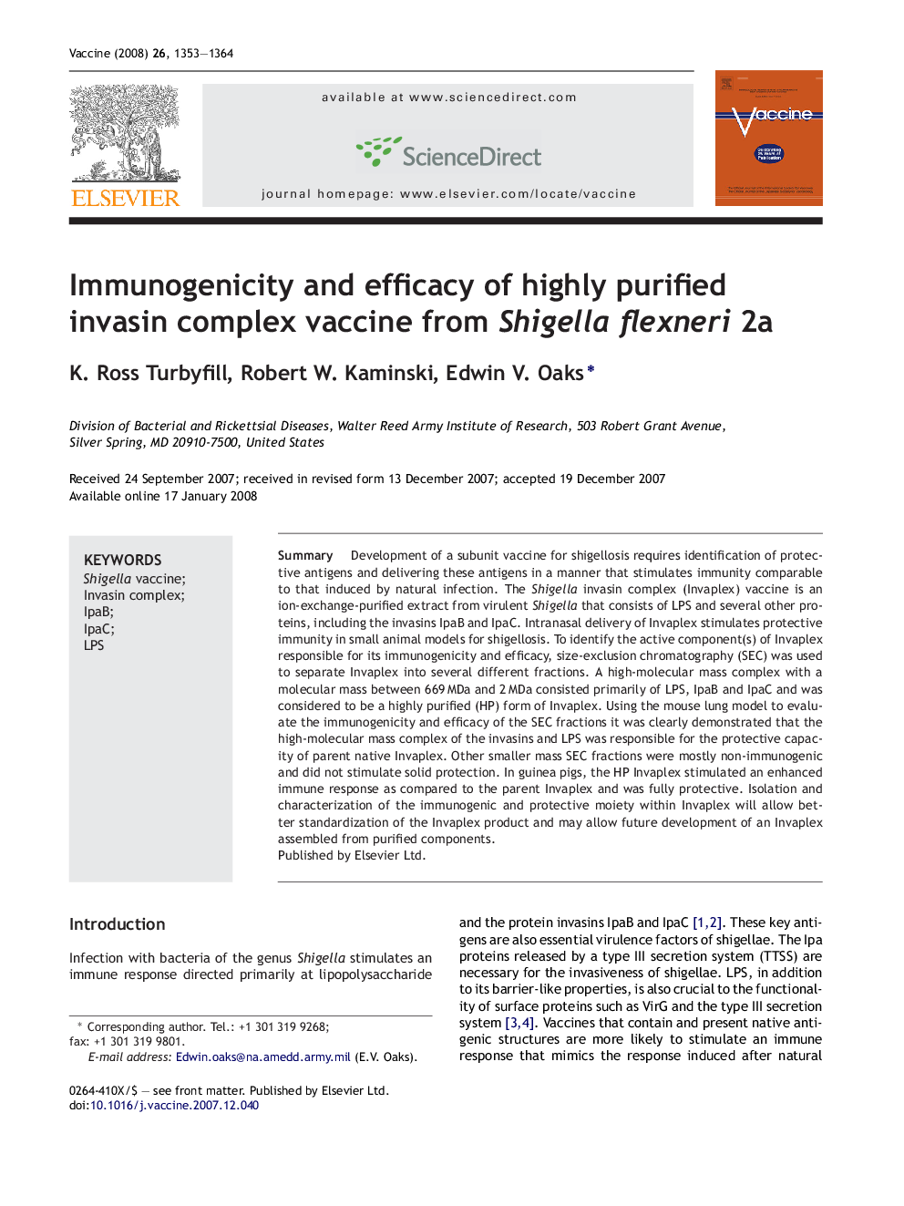 Immunogenicity and efficacy of highly purified invasin complex vaccine from Shigella flexneri 2a