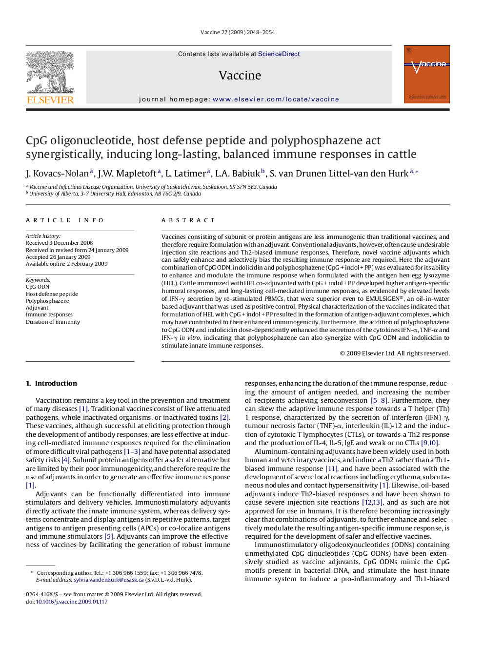 CpG oligonucleotide, host defense peptide and polyphosphazene act synergistically, inducing long-lasting, balanced immune responses in cattle