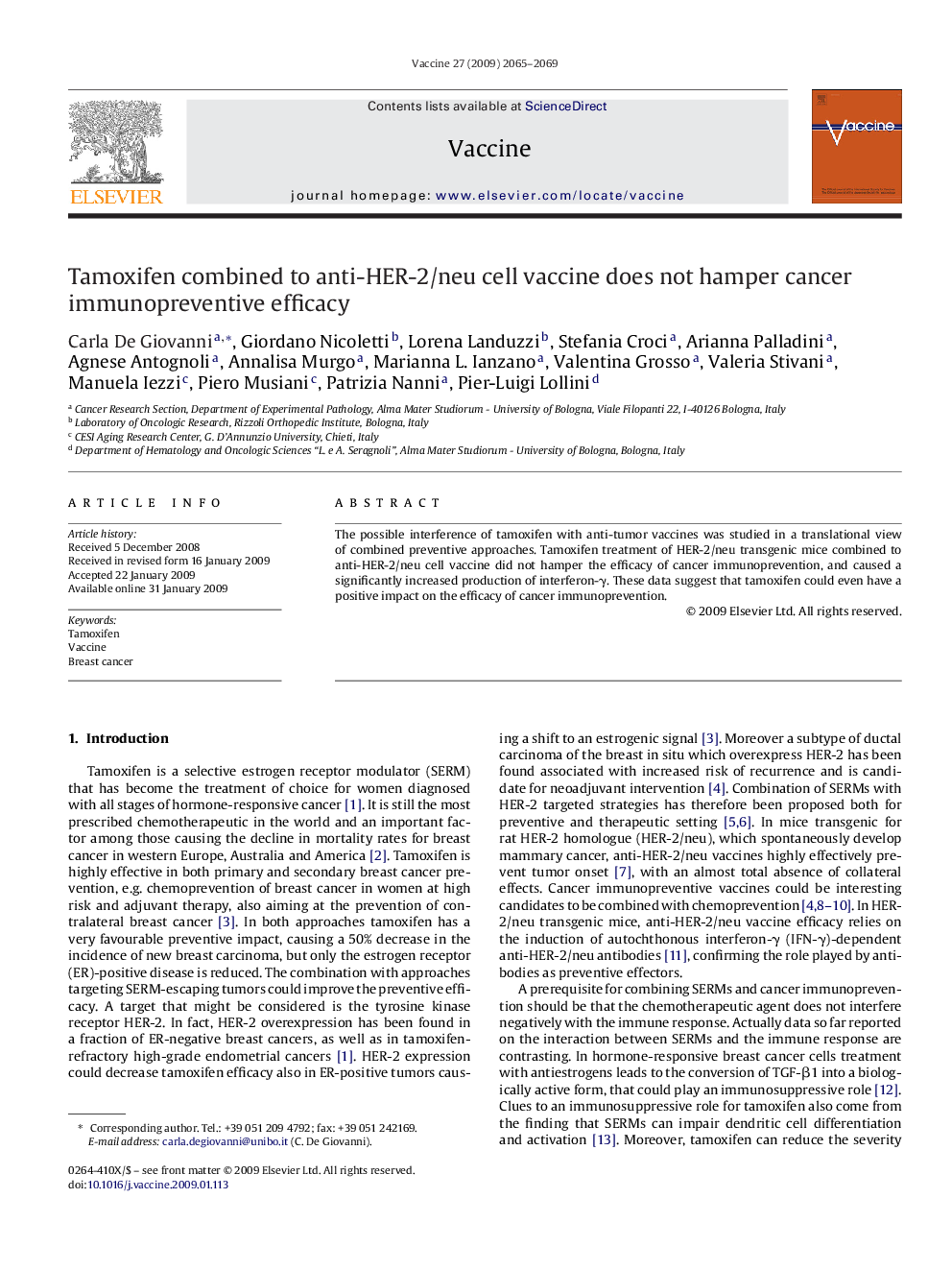 Tamoxifen combined to anti-HER-2/neu cell vaccine does not hamper cancer immunopreventive efficacy