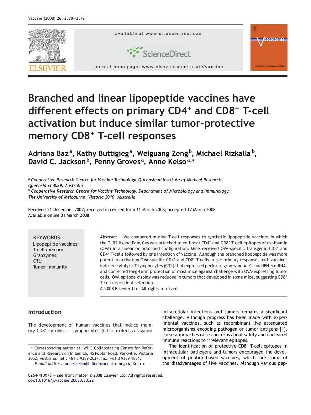 Branched and linear lipopeptide vaccines have different effects on primary CD4+ and CD8+ T-cell activation but induce similar tumor-protective memory CD8+ T-cell responses