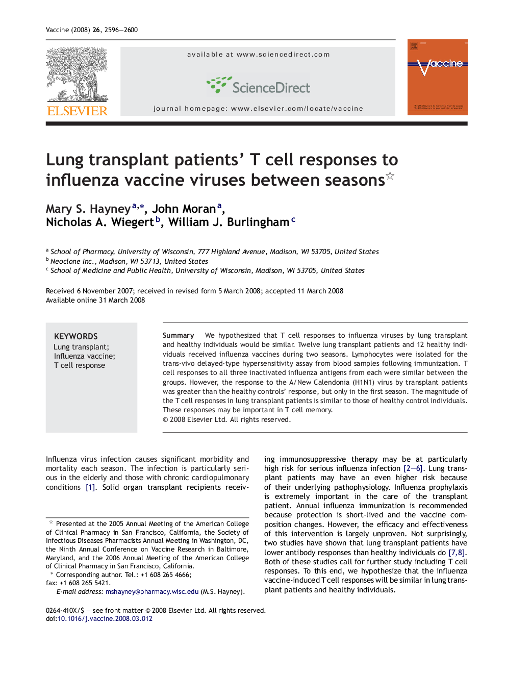 Lung transplant patients’ T cell responses to influenza vaccine viruses between seasons 