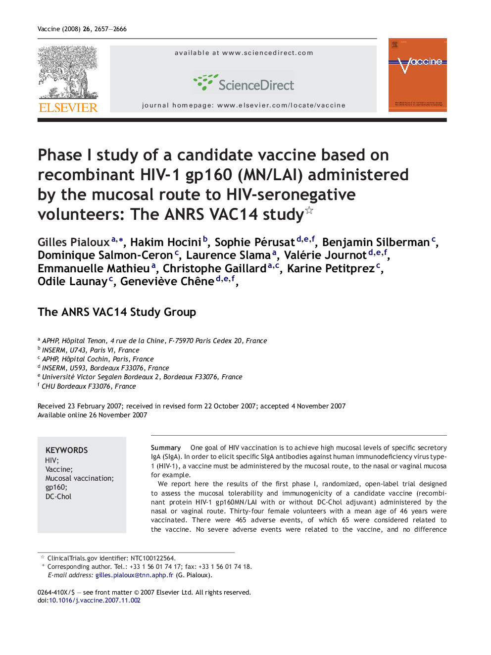 Phase I study of a candidate vaccine based on recombinant HIV-1 gp160 (MN/LAI) administered by the mucosal route to HIV-seronegative volunteers: The ANRS VAC14 study 