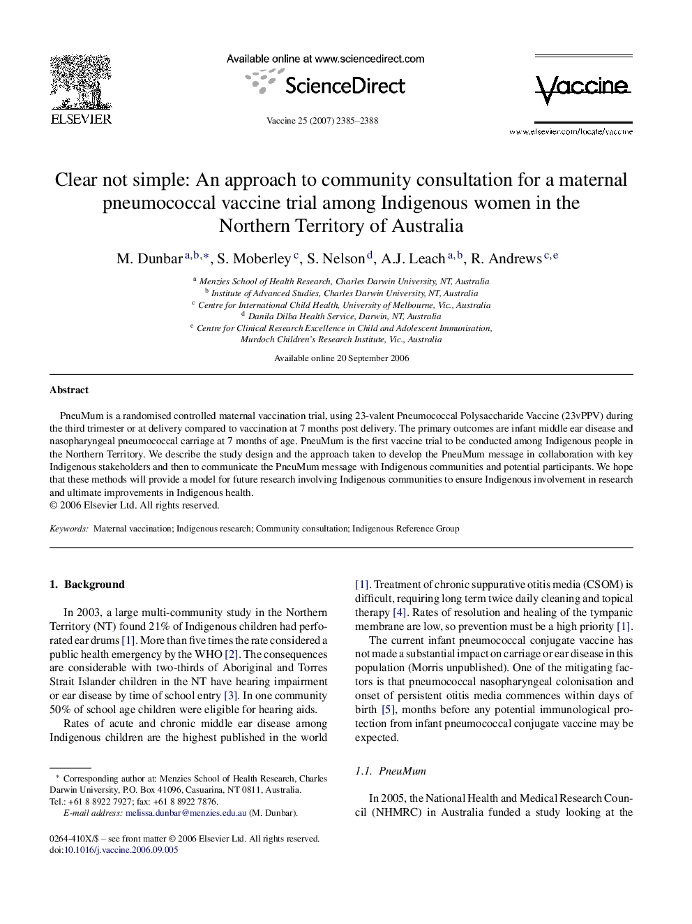 Clear not simple: An approach to community consultation for a maternal pneumococcal vaccine trial among Indigenous women in the Northern Territory of Australia