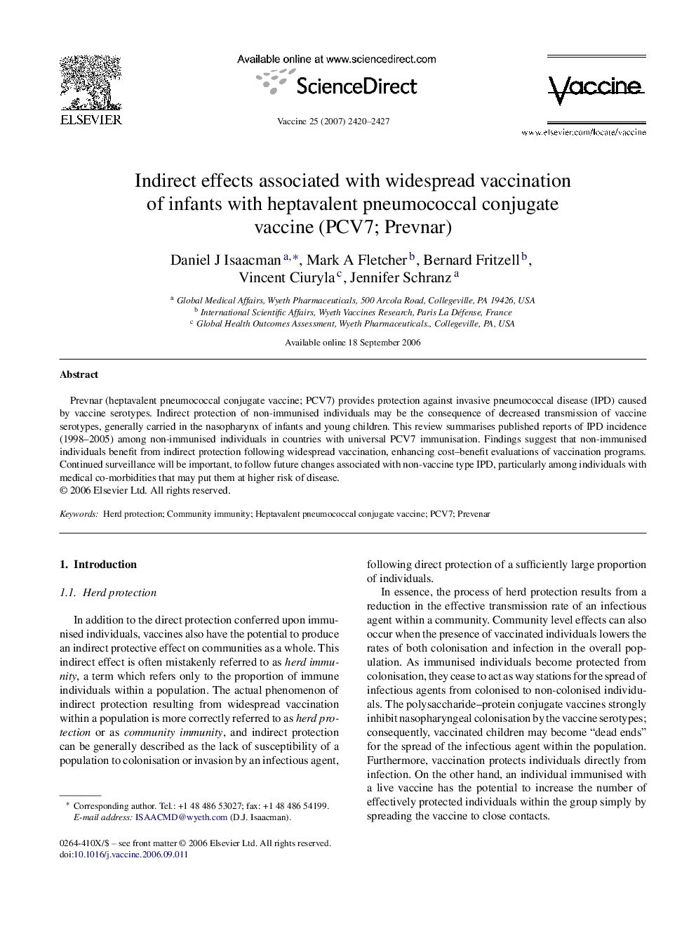 Indirect effects associated with widespread vaccination of infants with heptavalent pneumococcal conjugate vaccine (PCV7; Prevnar)