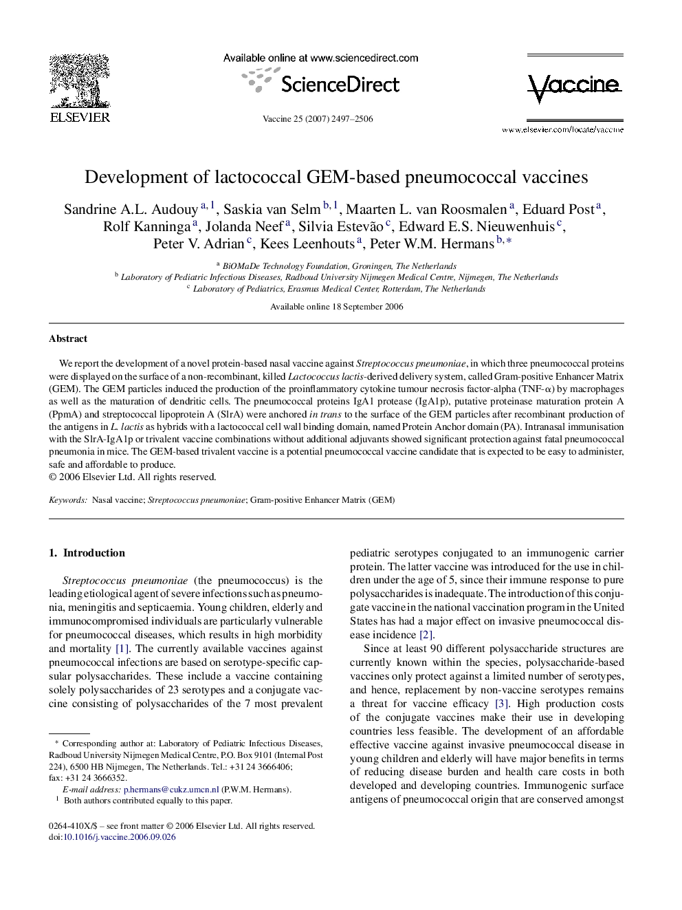 Development of lactococcal GEM-based pneumococcal vaccines