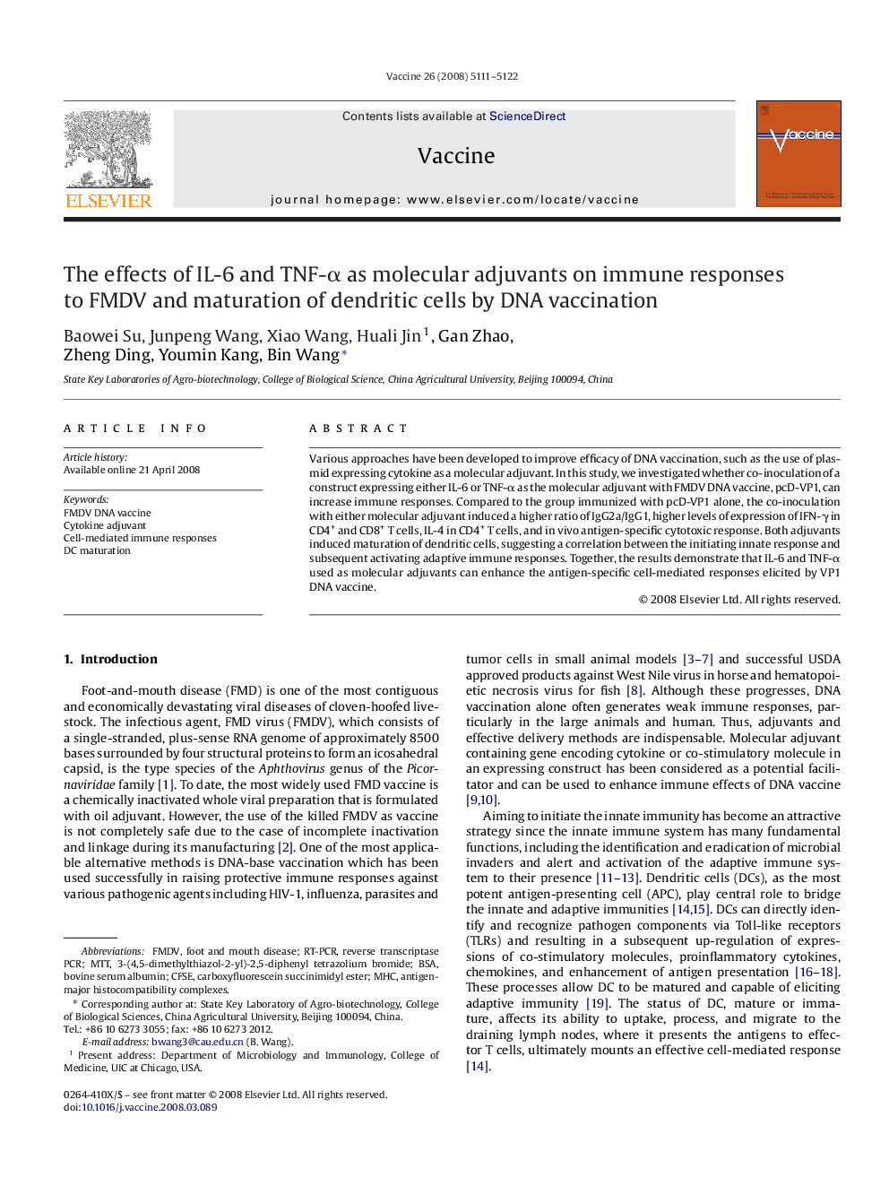 The effects of IL-6 and TNF-α as molecular adjuvants on immune responses to FMDV and maturation of dendritic cells by DNA vaccination