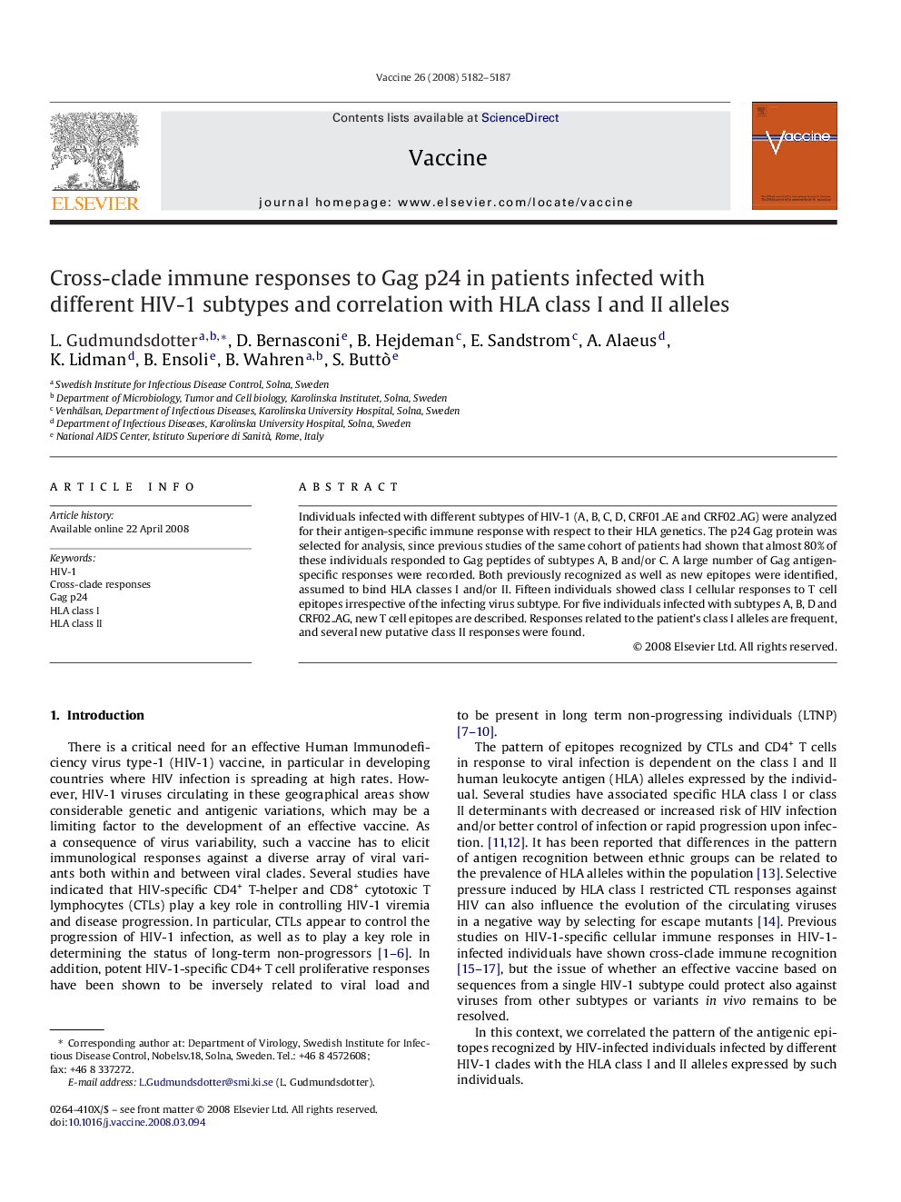 Cross-clade immune responses to Gag p24 in patients infected with different HIV-1 subtypes and correlation with HLA class I and II alleles