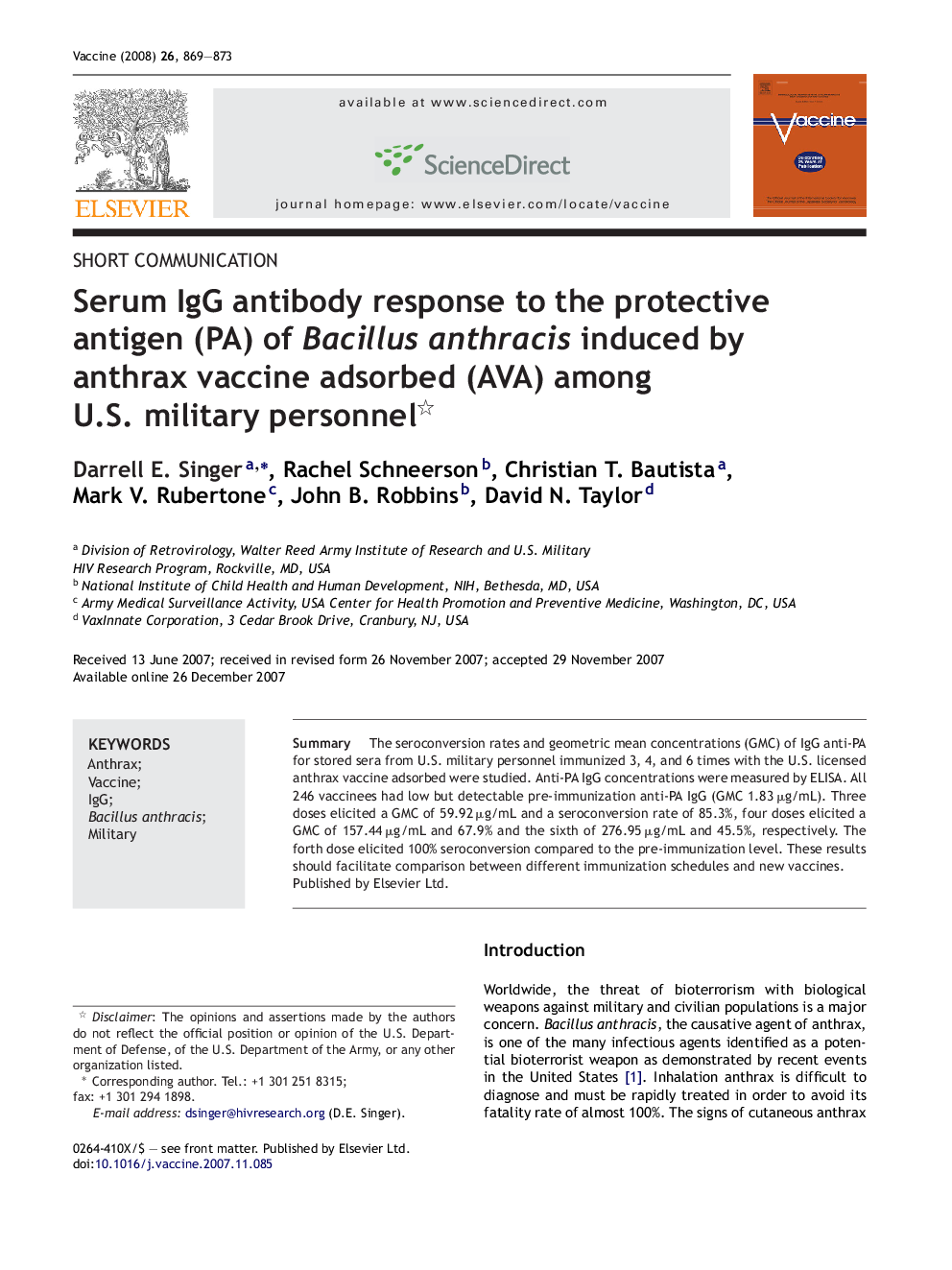 Serum IgG antibody response to the protective antigen (PA) of Bacillus anthracis induced by anthrax vaccine adsorbed (AVA) among U.S. military personnel 