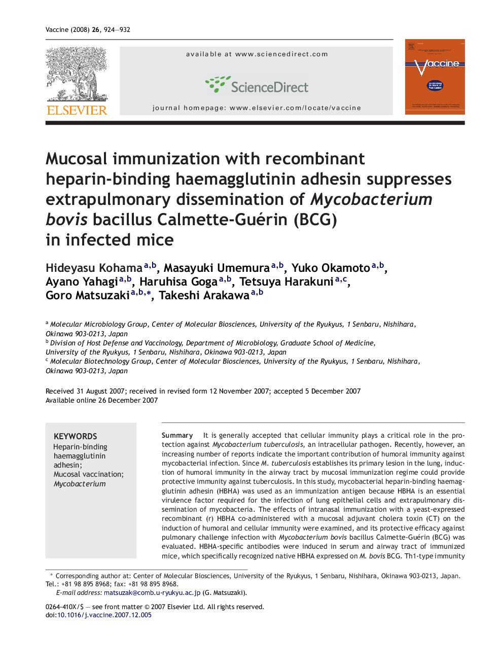 Mucosal immunization with recombinant heparin-binding haemagglutinin adhesin suppresses extrapulmonary dissemination of Mycobacterium bovis bacillus Calmette-Guérin (BCG) in infected mice