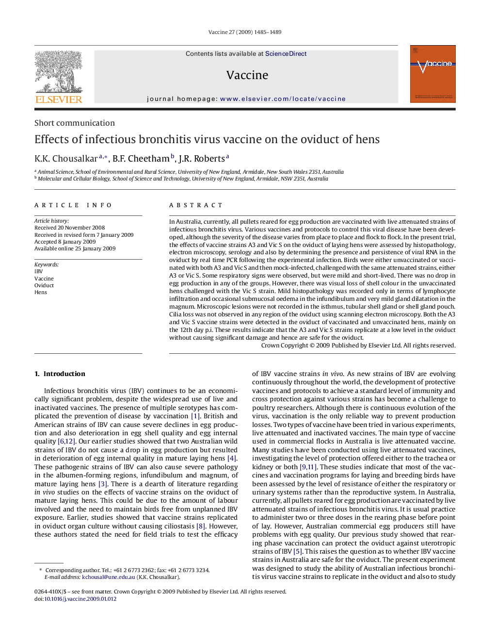 Effects of infectious bronchitis virus vaccine on the oviduct of hens