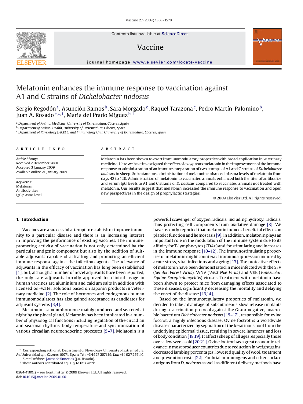 Melatonin enhances the immune response to vaccination against A1 and C strains of Dichelobacter nodosus