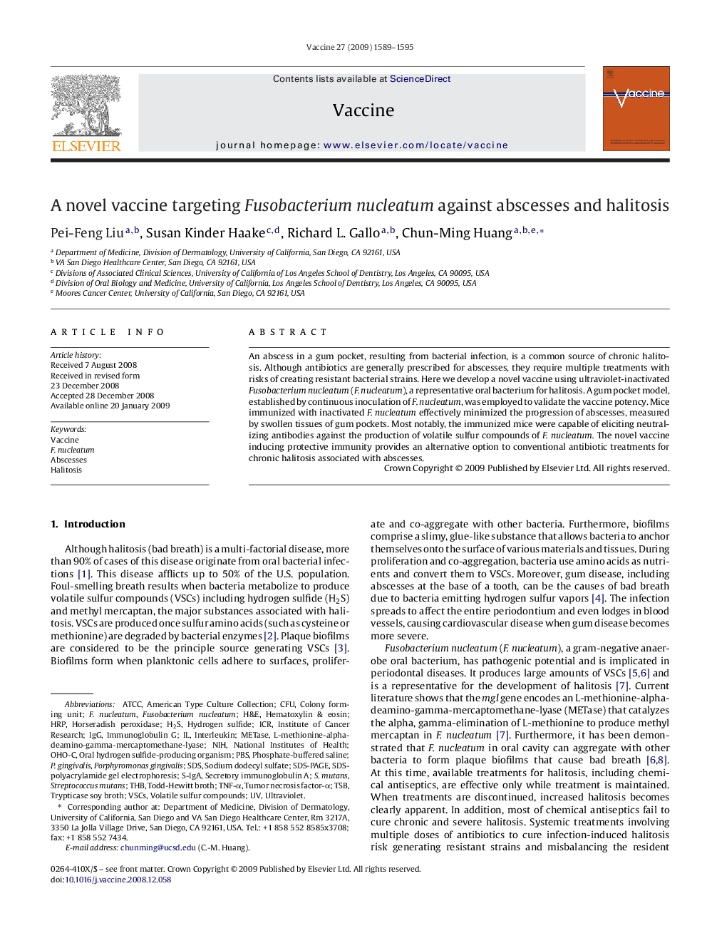 A novel vaccine targeting Fusobacterium nucleatum against abscesses and halitosis