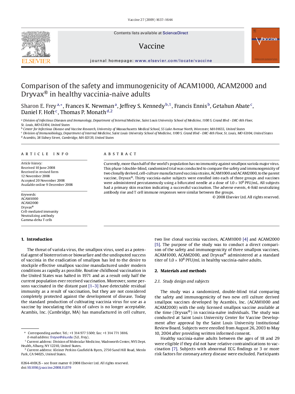 Comparison of the safety and immunogenicity of ACAM1000, ACAM2000 and Dryvax® in healthy vaccinia-naive adults