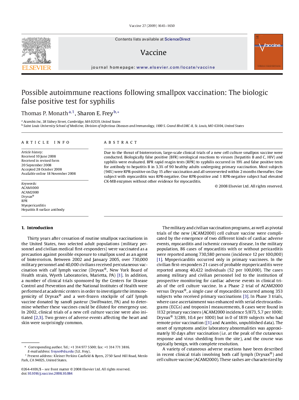 Possible autoimmune reactions following smallpox vaccination: The biologic false positive test for syphilis