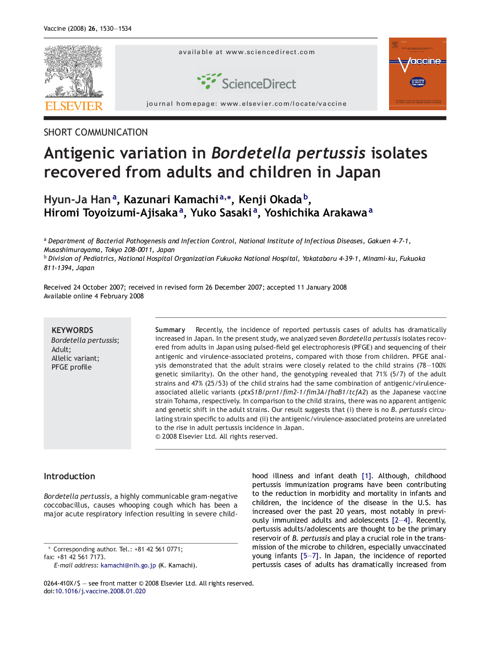 Antigenic variation in Bordetella pertussis isolates recovered from adults and children in Japan