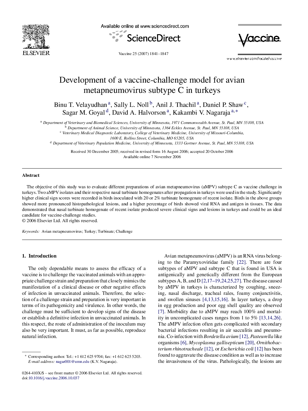 Development of a vaccine-challenge model for avian metapneumovirus subtype C in turkeys