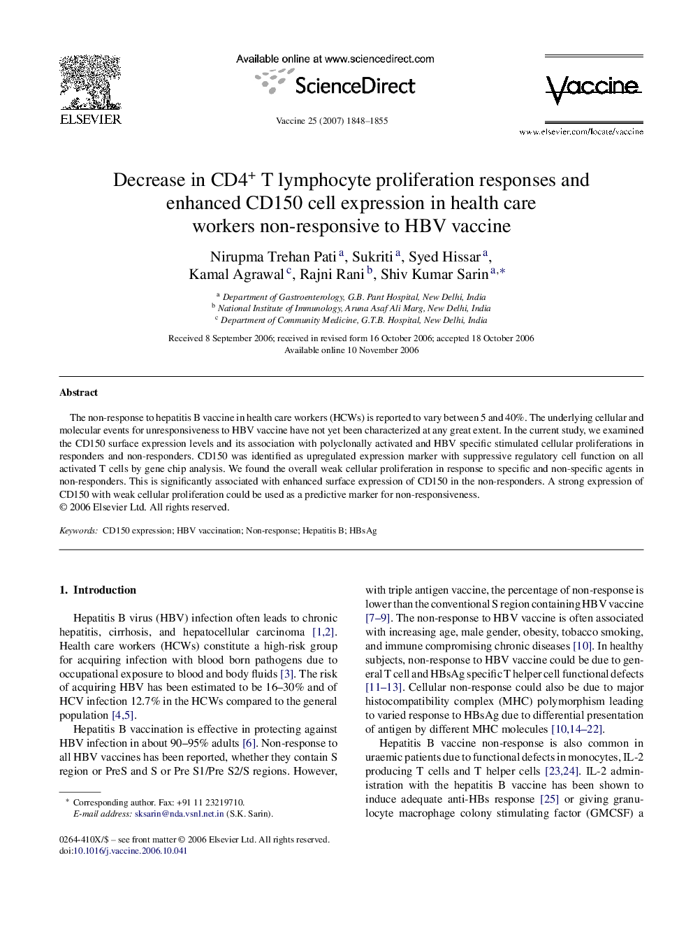 Decrease in CD4+ T lymphocyte proliferation responses and enhanced CD150 cell expression in health care workers non-responsive to HBV vaccine