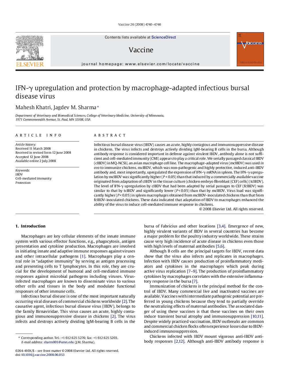 IFN-γ upregulation and protection by macrophage-adapted infectious bursal disease virus