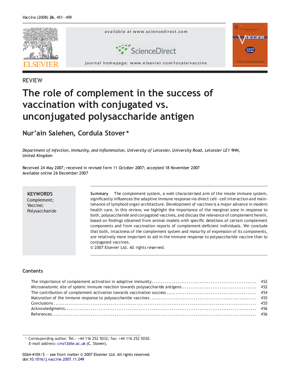 The role of complement in the success of vaccination with conjugated vs. unconjugated polysaccharide antigen