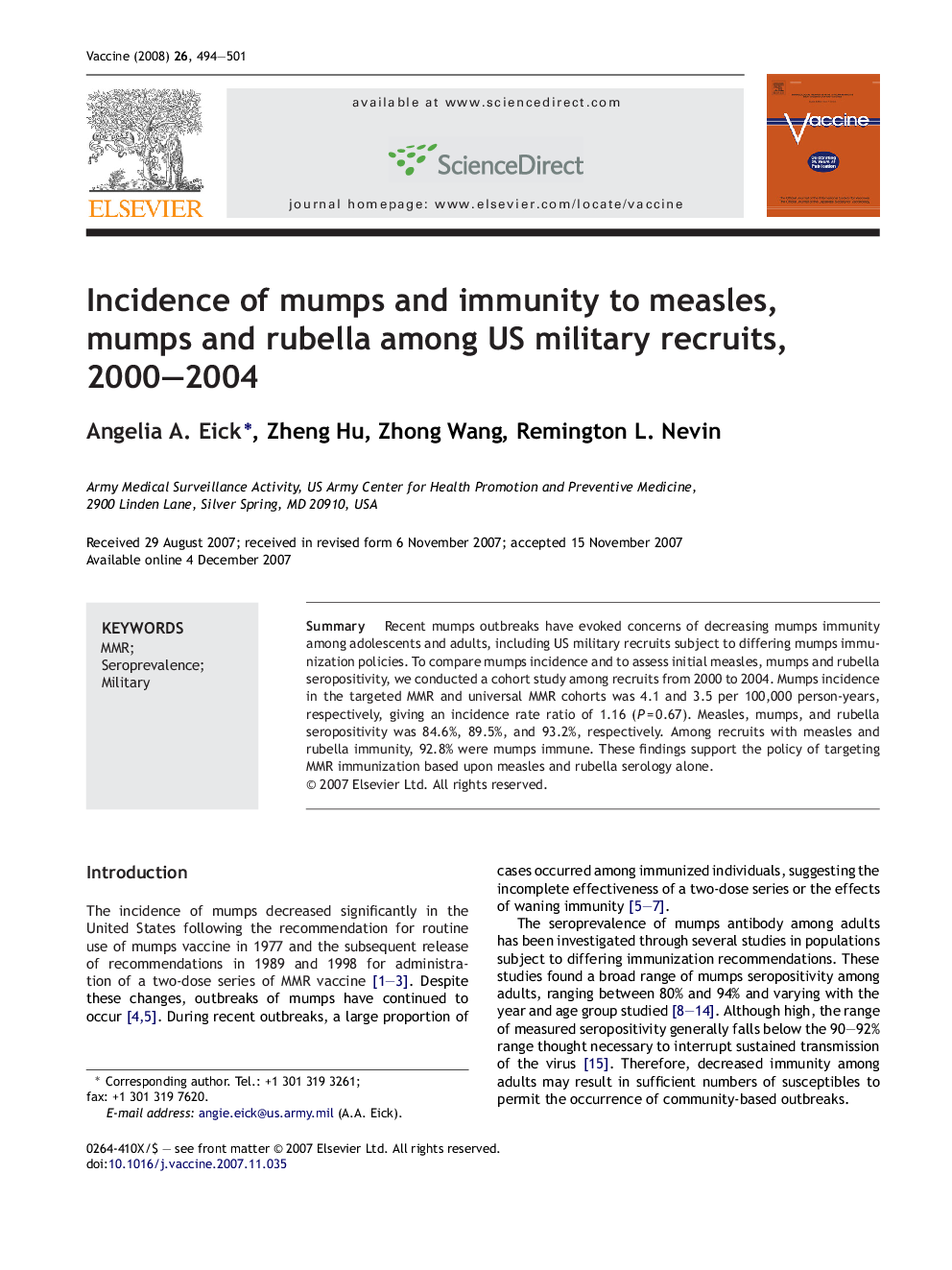 Incidence of mumps and immunity to measles, mumps and rubella among US military recruits, 2000–2004