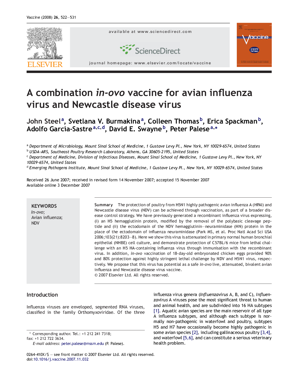 A combination in-ovo vaccine for avian influenza virus and Newcastle disease virus