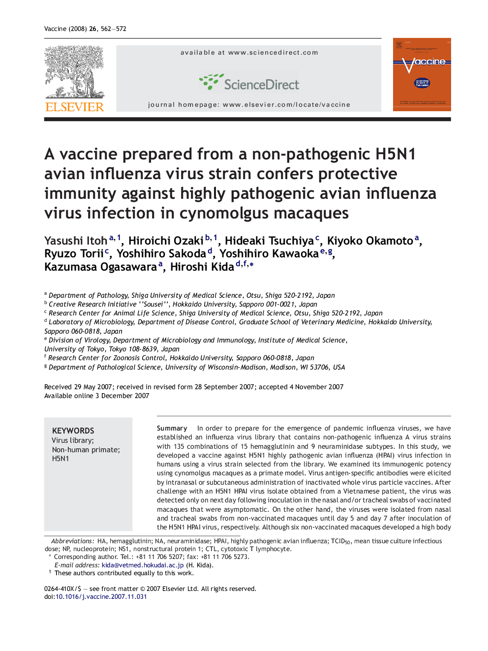 A vaccine prepared from a non-pathogenic H5N1 avian influenza virus strain confers protective immunity against highly pathogenic avian influenza virus infection in cynomolgus macaques