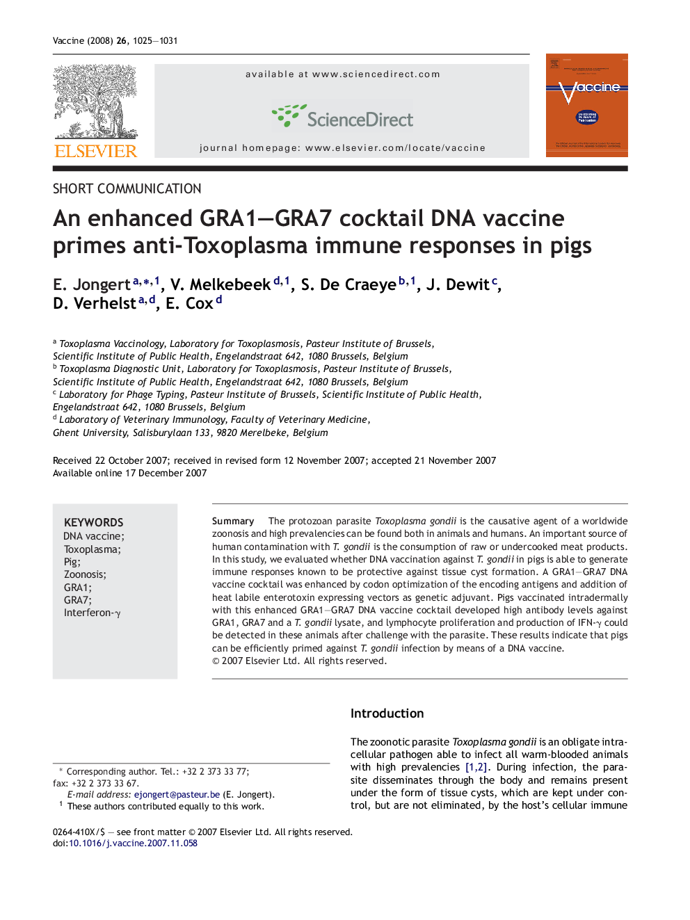 An enhanced GRA1–GRA7 cocktail DNA vaccine primes anti-Toxoplasma immune responses in pigs