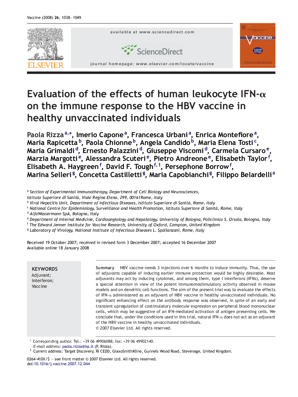 Evaluation of the effects of human leukocyte IFN-α on the immune response to the HBV vaccine in healthy unvaccinated individuals