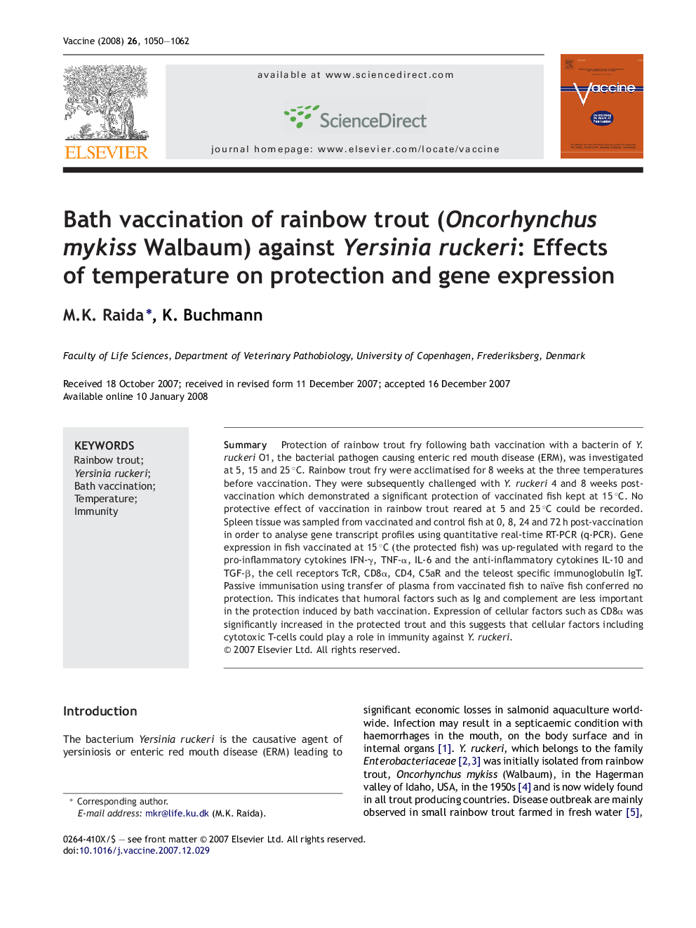 Bath vaccination of rainbow trout (Oncorhynchus mykiss Walbaum) against Yersinia ruckeri: Effects of temperature on protection and gene expression