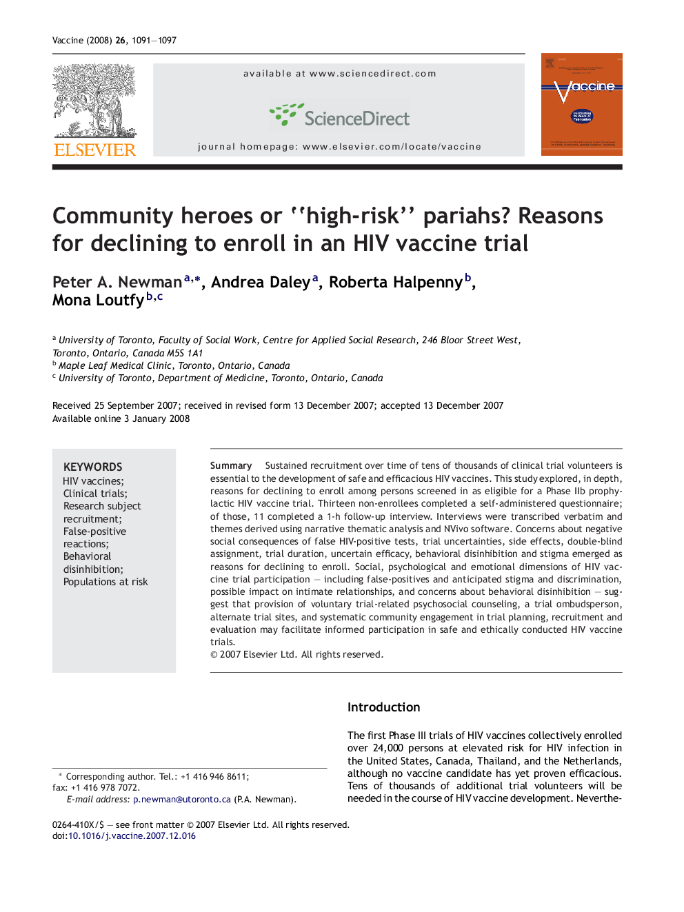 Community heroes or “high-risk” pariahs? Reasons for declining to enroll in an HIV vaccine trial