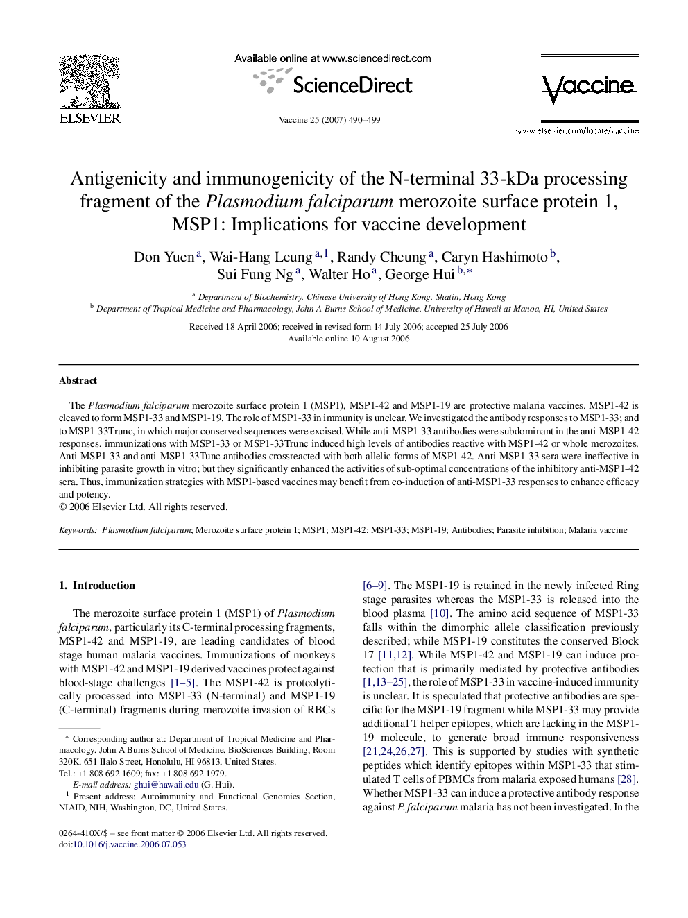 Antigenicity and immunogenicity of the N-terminal 33-kDa processing fragment of the Plasmodium falciparum merozoite surface protein 1, MSP1: Implications for vaccine development