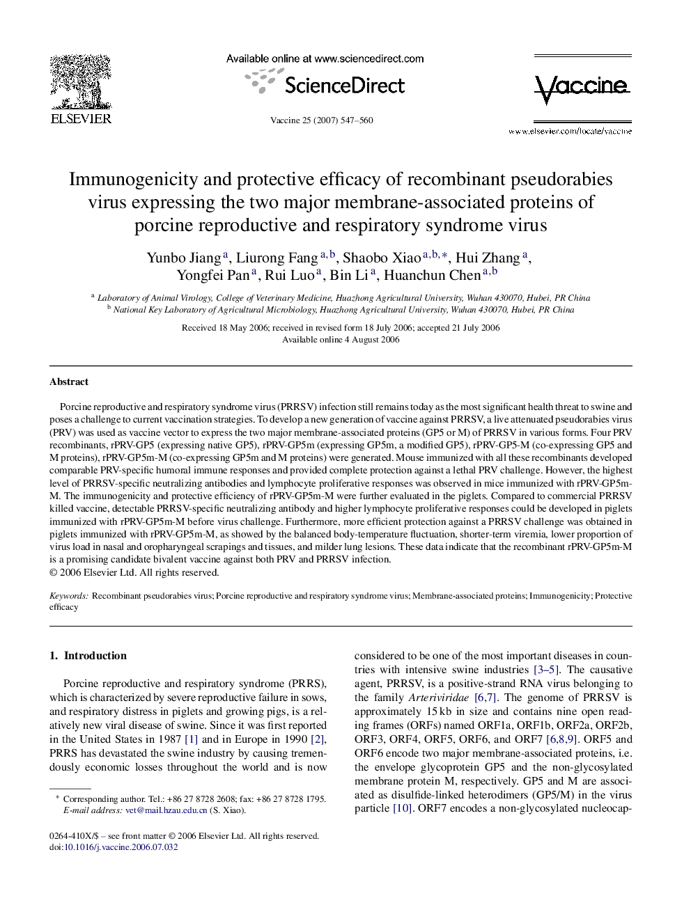 Immunogenicity and protective efficacy of recombinant pseudorabies virus expressing the two major membrane-associated proteins of porcine reproductive and respiratory syndrome virus