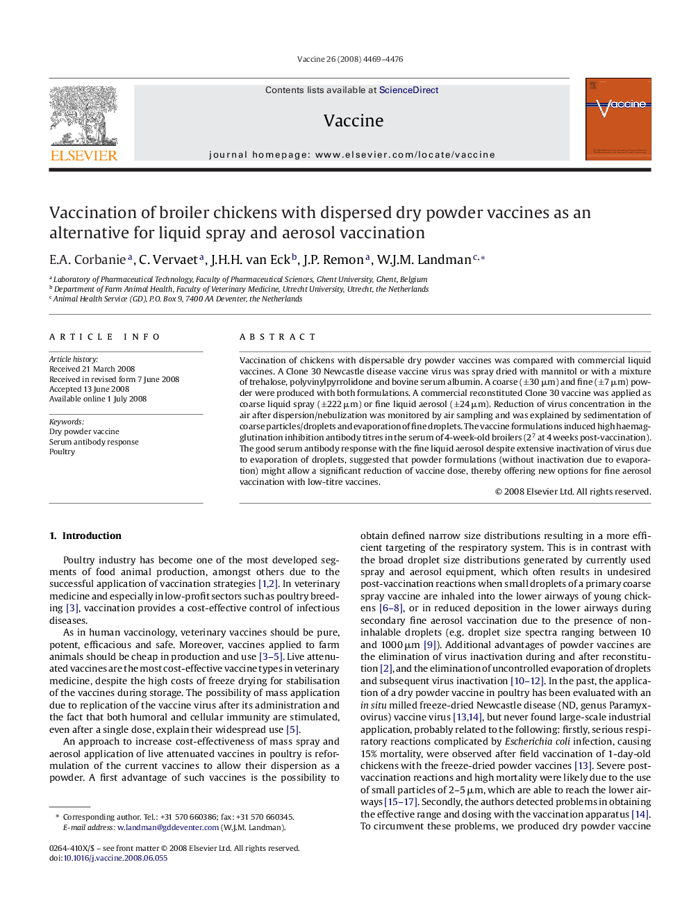 Vaccination of broiler chickens with dispersed dry powder vaccines as an alternative for liquid spray and aerosol vaccination