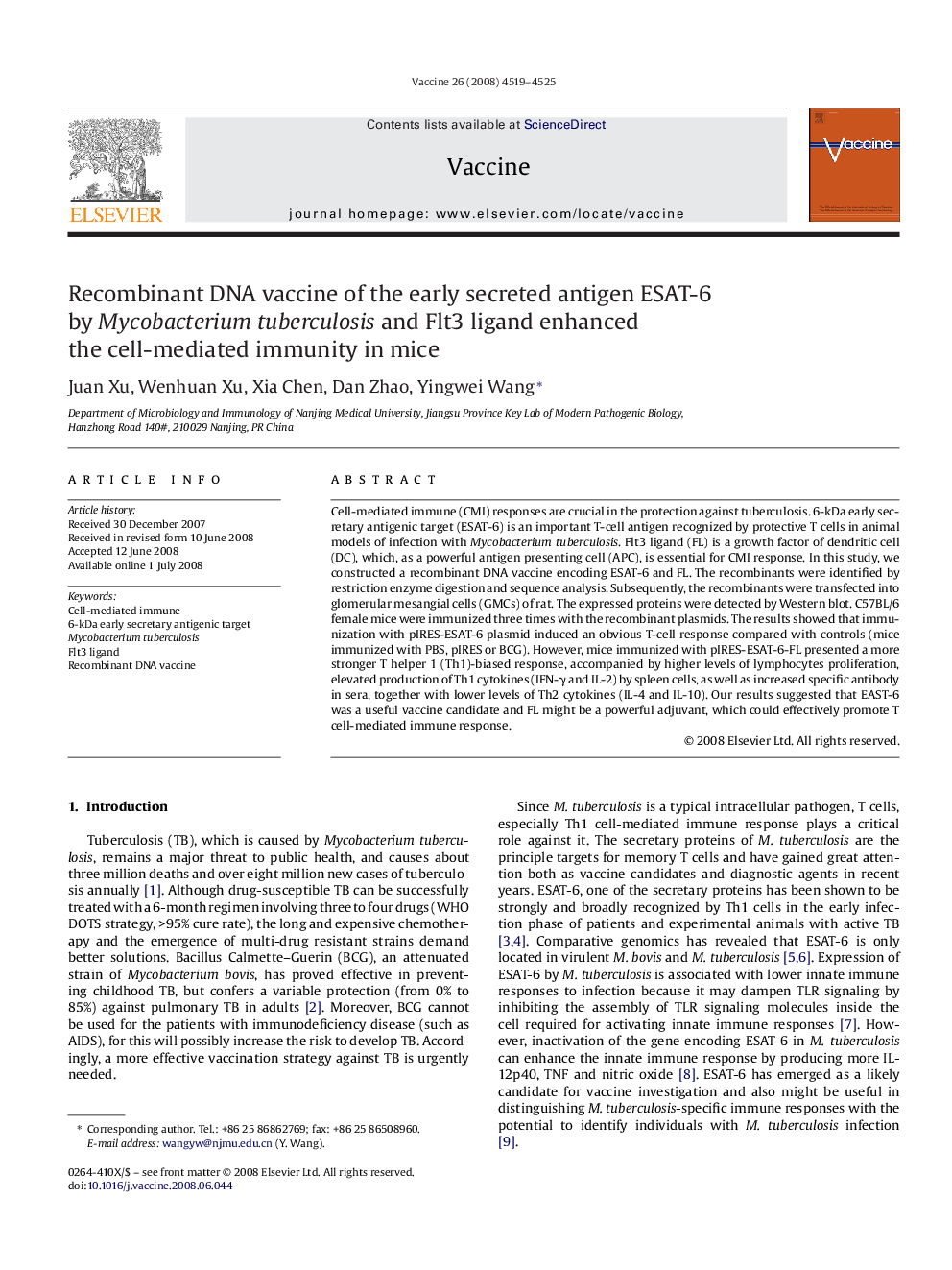 Recombinant DNA vaccine of the early secreted antigen ESAT-6 by Mycobacterium tuberculosis and Flt3 ligand enhanced the cell-mediated immunity in mice