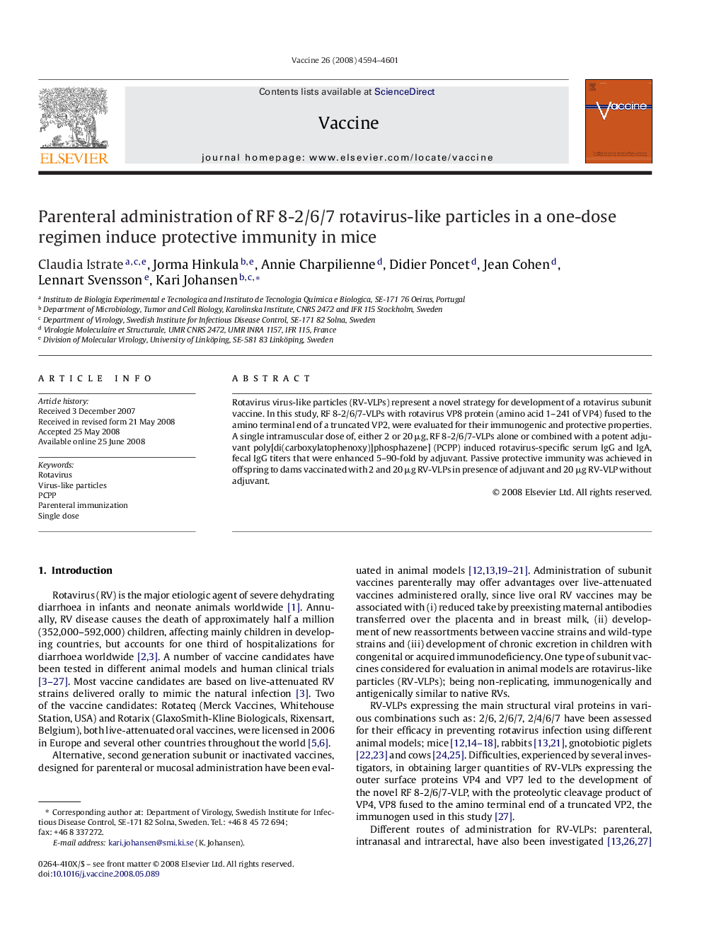 Parenteral administration of RF 8-2/6/7 rotavirus-like particles in a one-dose regimen induce protective immunity in mice