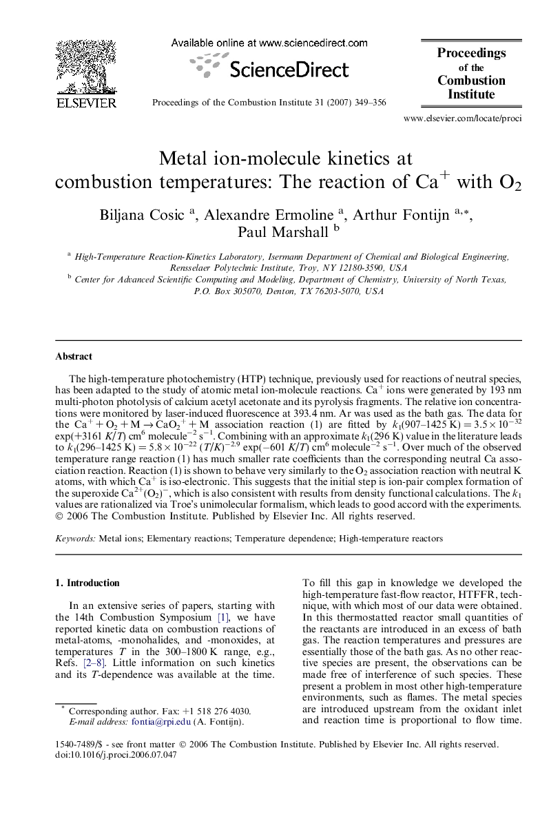 Metal ion-molecule kinetics at combustion temperatures: The reaction of Ca+ with O2