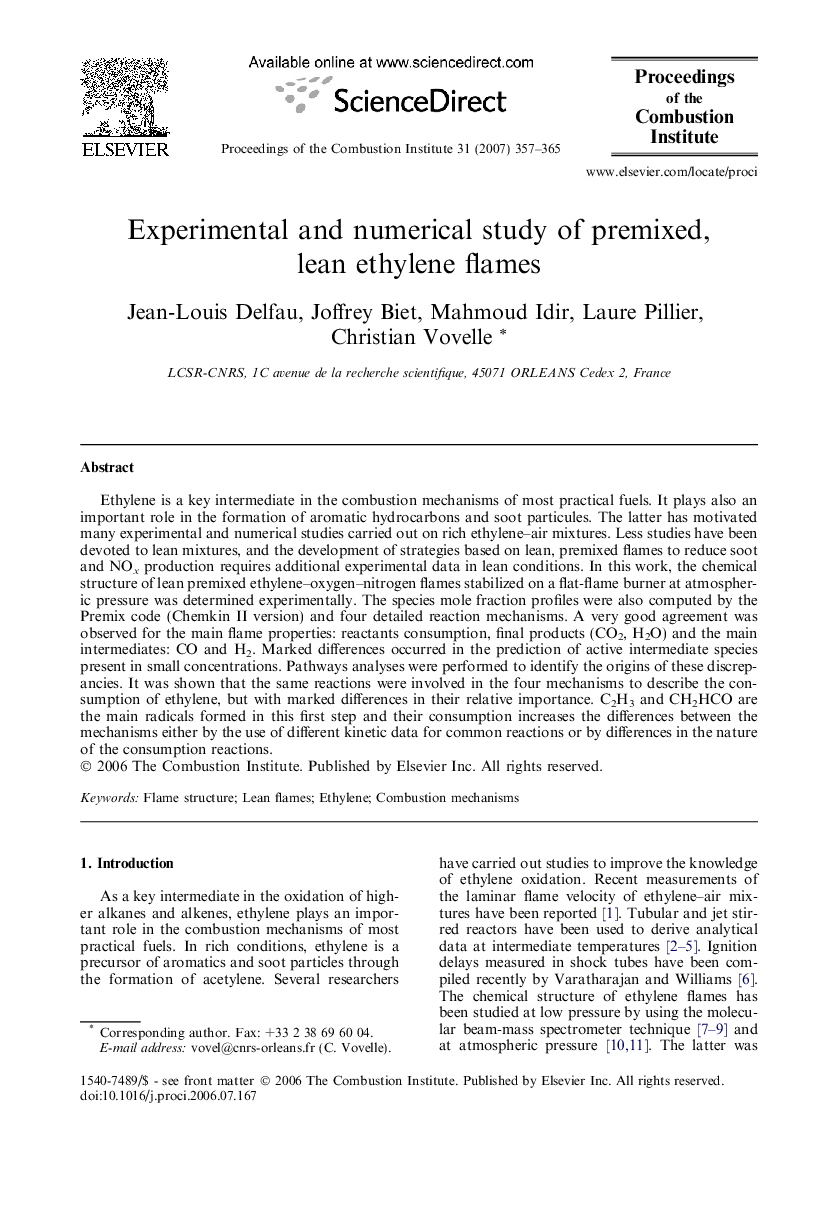 Experimental and numerical study of premixed, lean ethylene flames