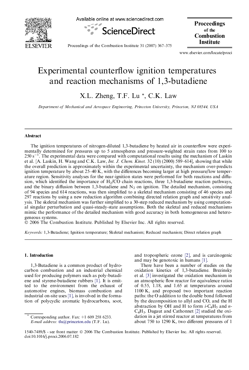 Experimental counterflow ignition temperatures and reaction mechanisms of 1,3-butadiene