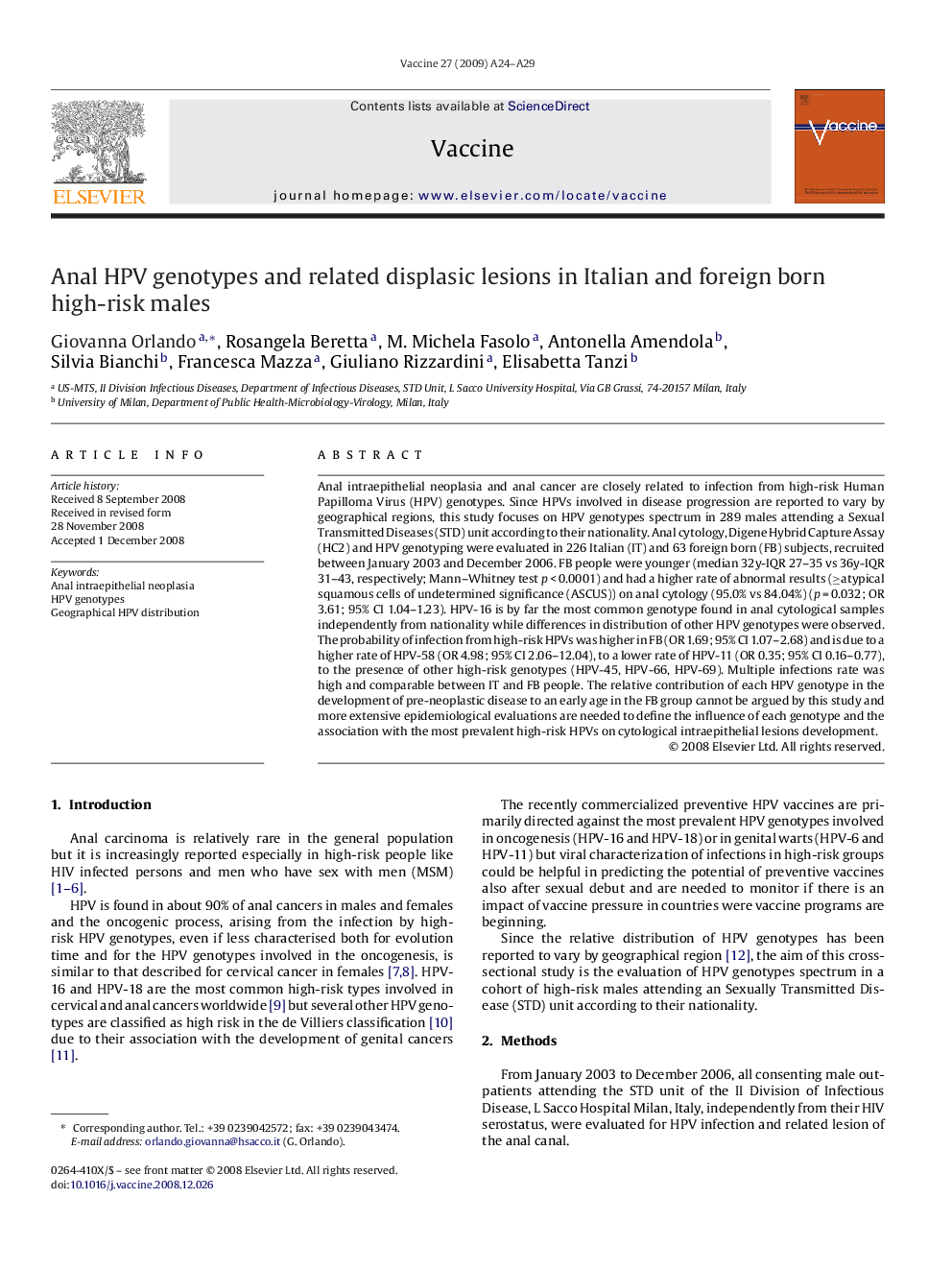 Anal HPV genotypes and related displasic lesions in Italian and foreign born high-risk males