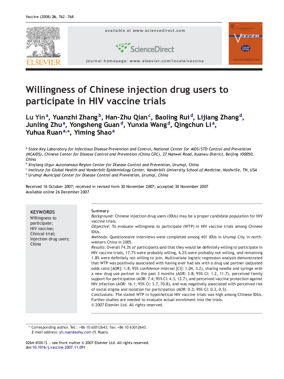 Willingness of Chinese injection drug users to participate in HIV vaccine trials