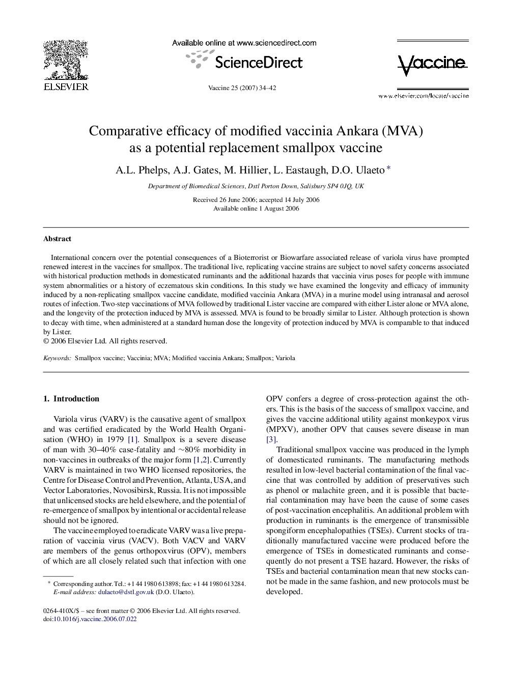 Comparative efficacy of modified vaccinia Ankara (MVA) as a potential replacement smallpox vaccine