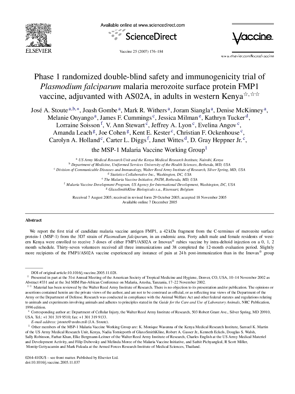 Phase 1 randomized double-blind safety and immunogenicity trial of Plasmodium falciparum malaria merozoite surface protein FMP1 vaccine, adjuvanted with AS02A, in adults in western Kenya 