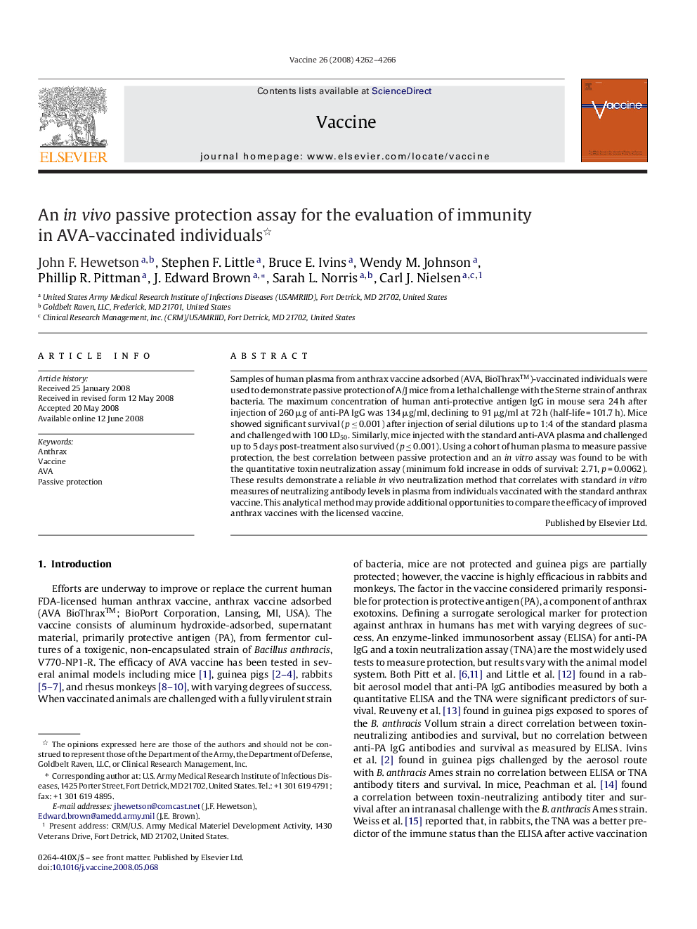 An in vivo passive protection assay for the evaluation of immunity in AVA-vaccinated individuals 