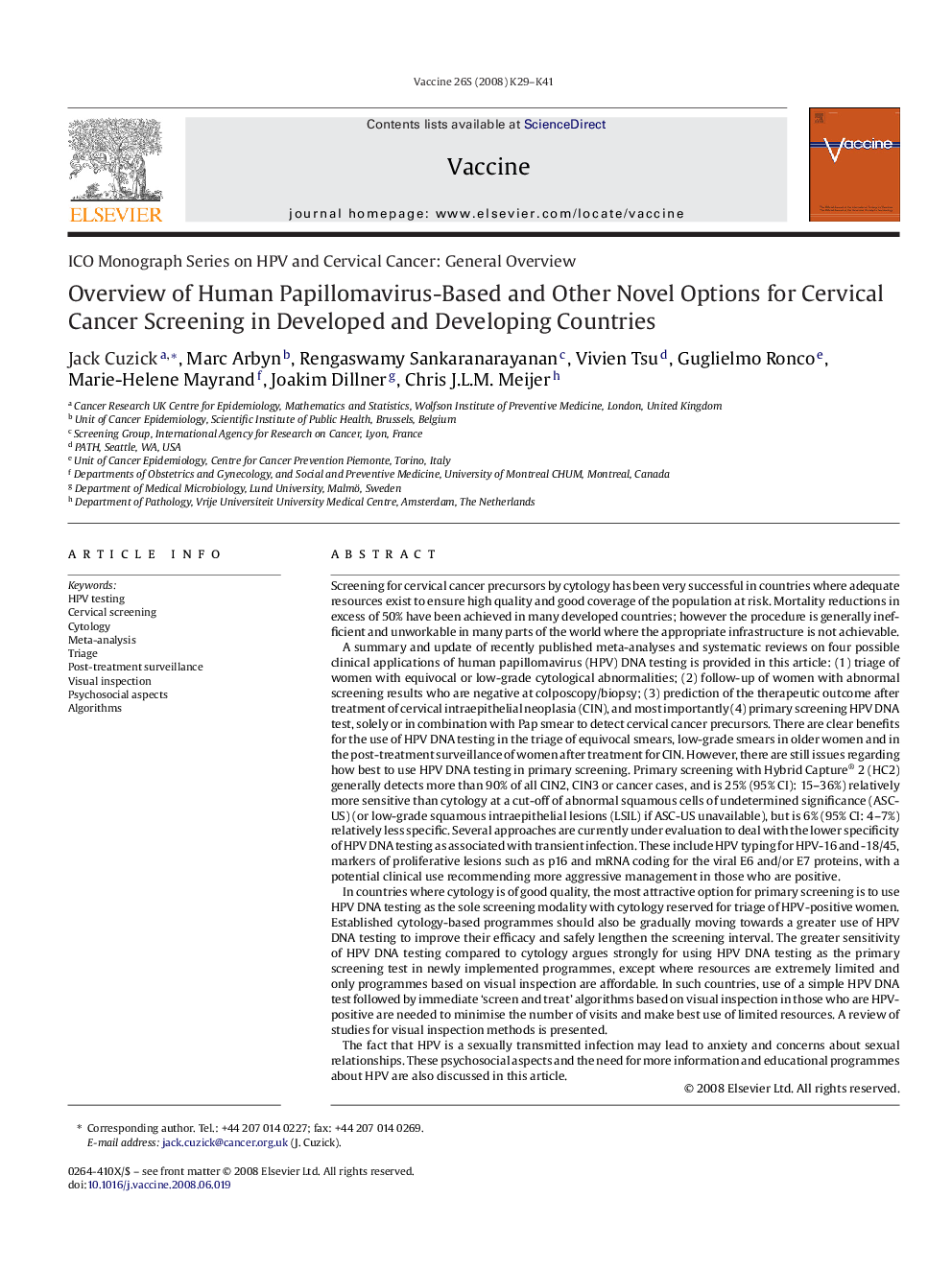 Overview of Human Papillomavirus-Based and Other Novel Options for Cervical Cancer Screening in Developed and Developing Countries