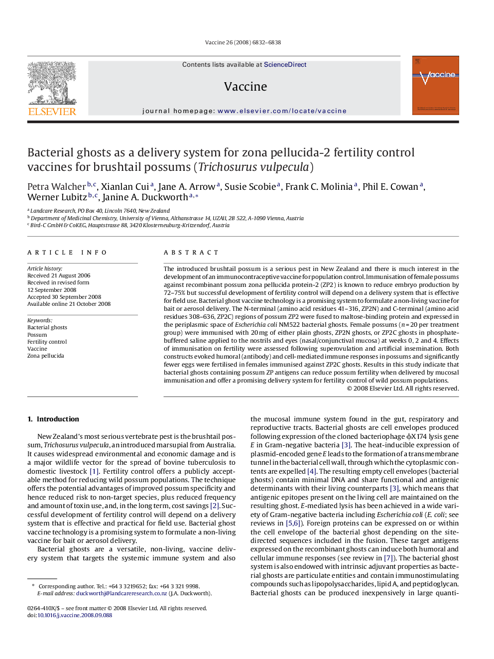 Bacterial ghosts as a delivery system for zona pellucida-2 fertility control vaccines for brushtail possums (Trichosurus vulpecula)