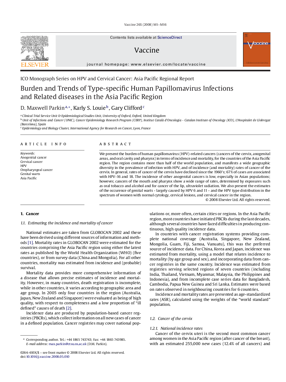 Burden and Trends of Type-specific Human Papillomavirus Infections and Related diseases in the Asia Pacific Region