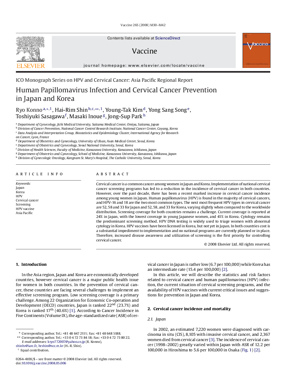 Human Papillomavirus Infection and Cervical Cancer Prevention in Japan and Korea