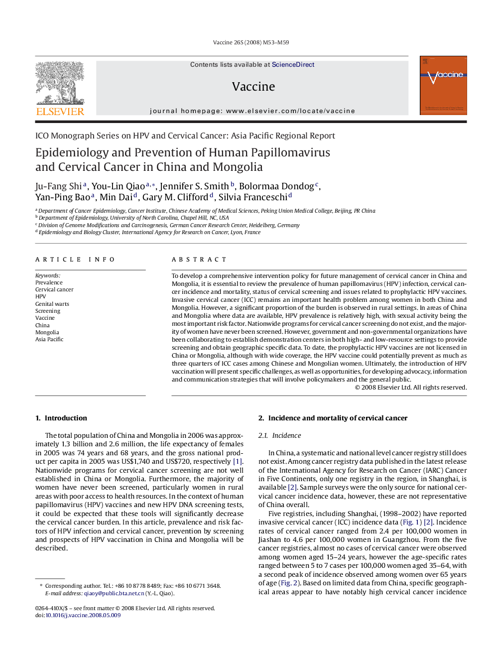 Epidemiology and Prevention of Human Papillomavirus and Cervical Cancer in China and Mongolia