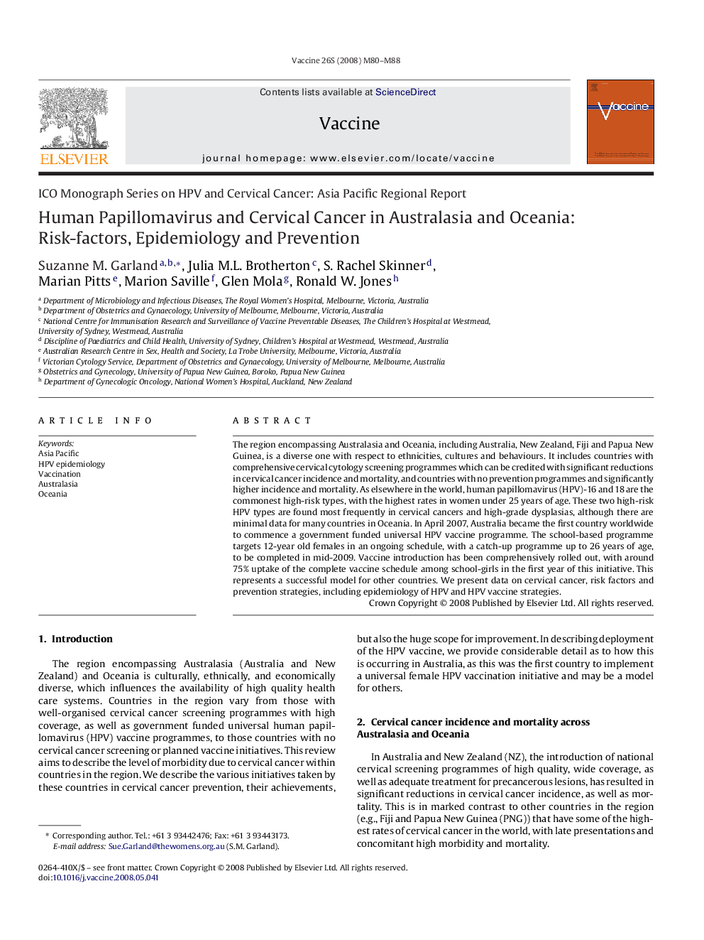 Human Papillomavirus and Cervical Cancer in Australasia and Oceania: Risk-factors, Epidemiology and Prevention